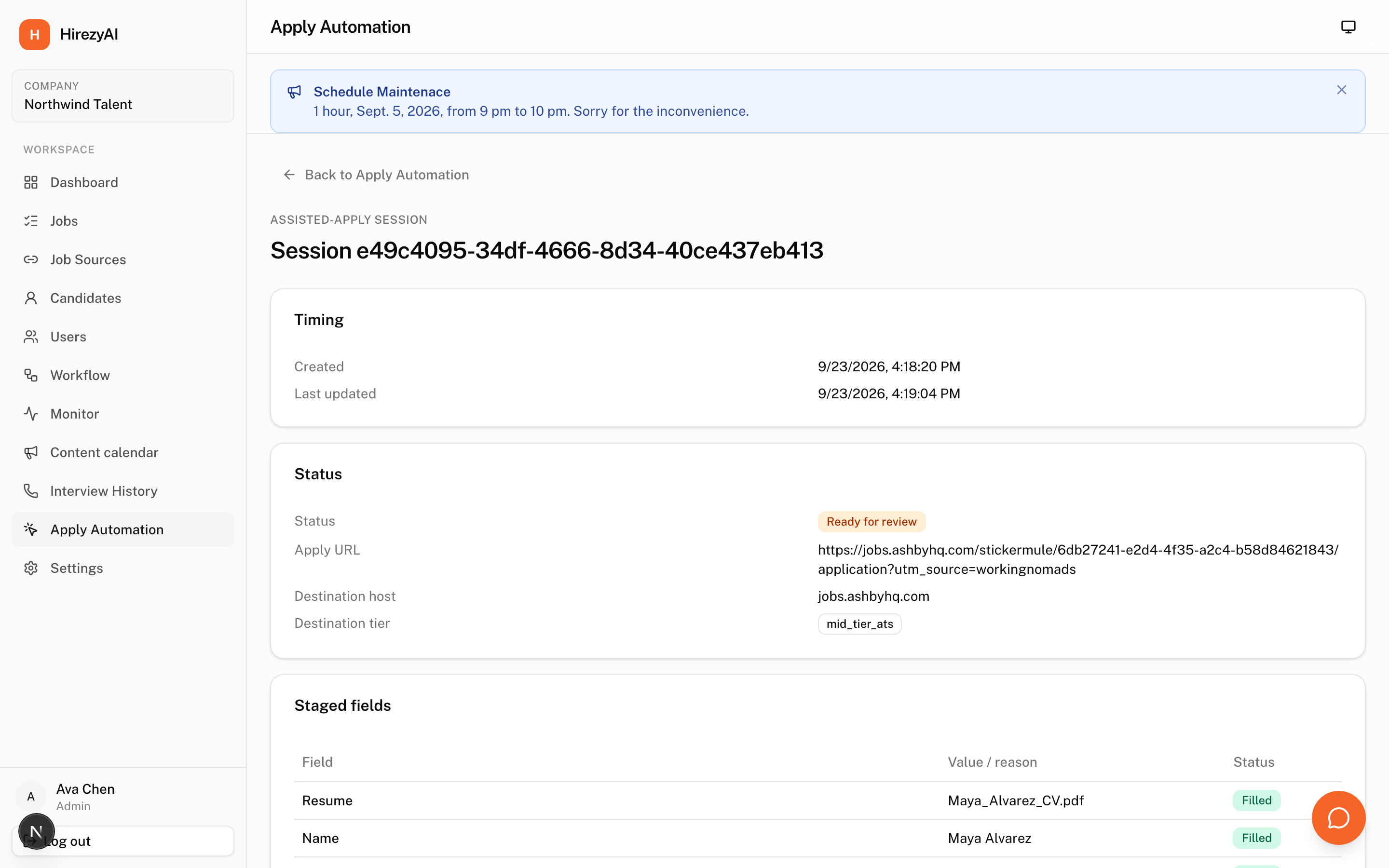 HirezyAI staged job application ready for review