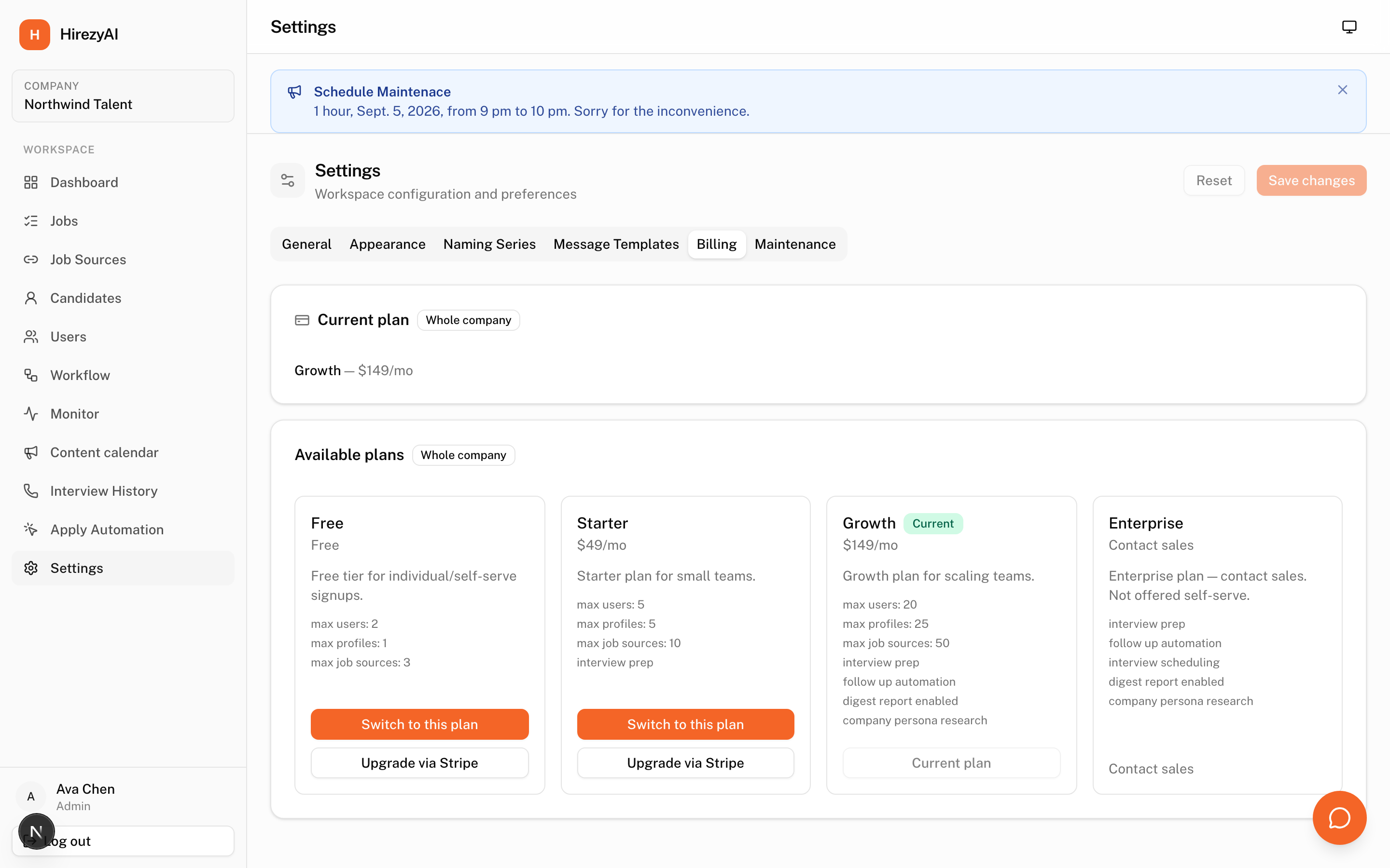 Billing settings showing current plan and available plans