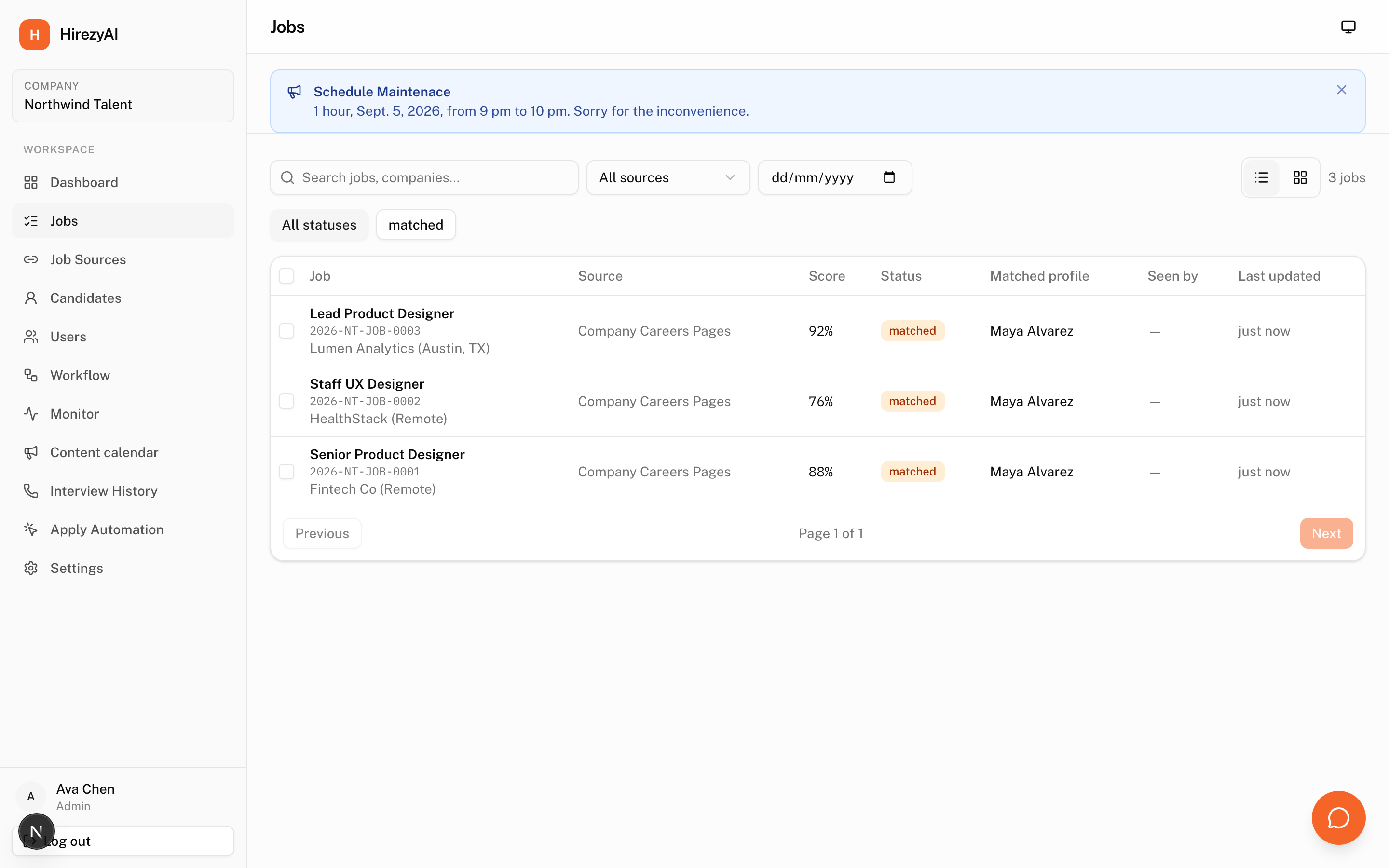 Jobs list with match scores and statuses